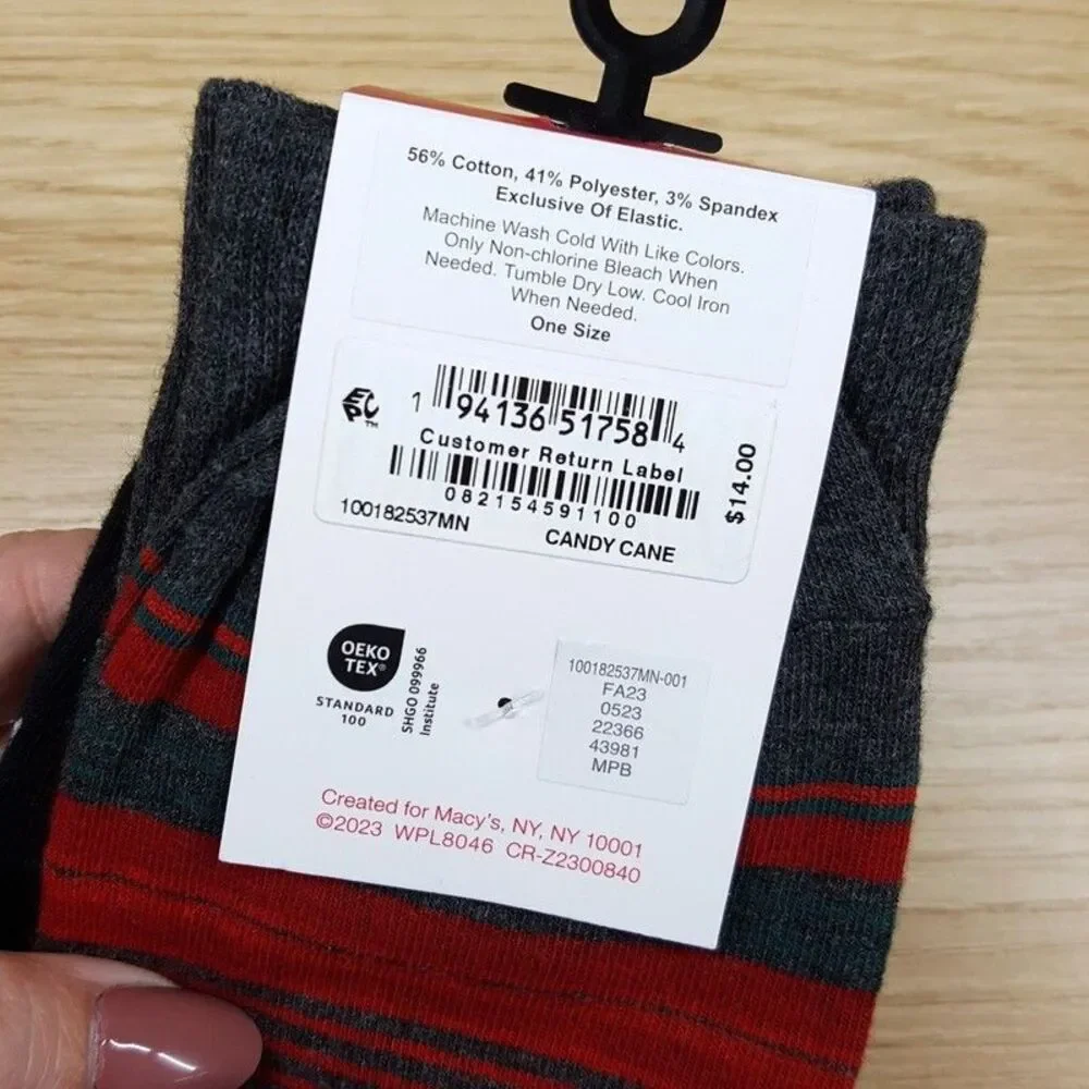 CLUB ROOM Crew Socks Mens Black Gray 2-Pack Candy Cane Stripe Soft Stretch